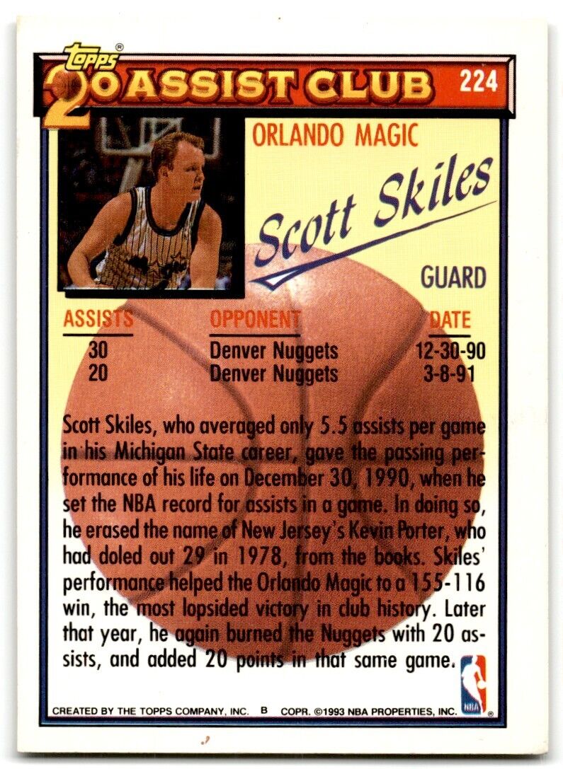 1992-93 Topps 20 assist club Scott Skiles Orlando Magic #224