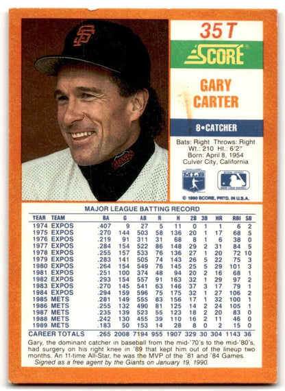 1990 Score Gary Carter San Francisco Giants #35T