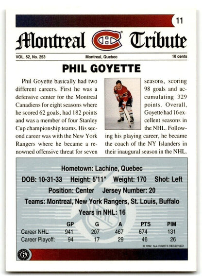 1991-92 Ultimate Original 6 Phil Goyette Montreal Canadiens #11