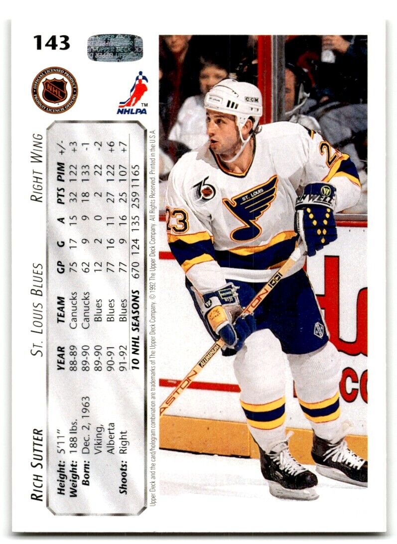 1992-93 Upper Deck Rich Sutter St. Louis Blues #143