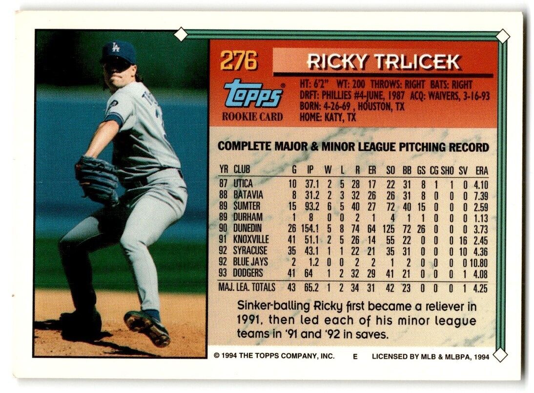 1994 Topps Gold Rick Trlicek Los Angeles Dodgers #276