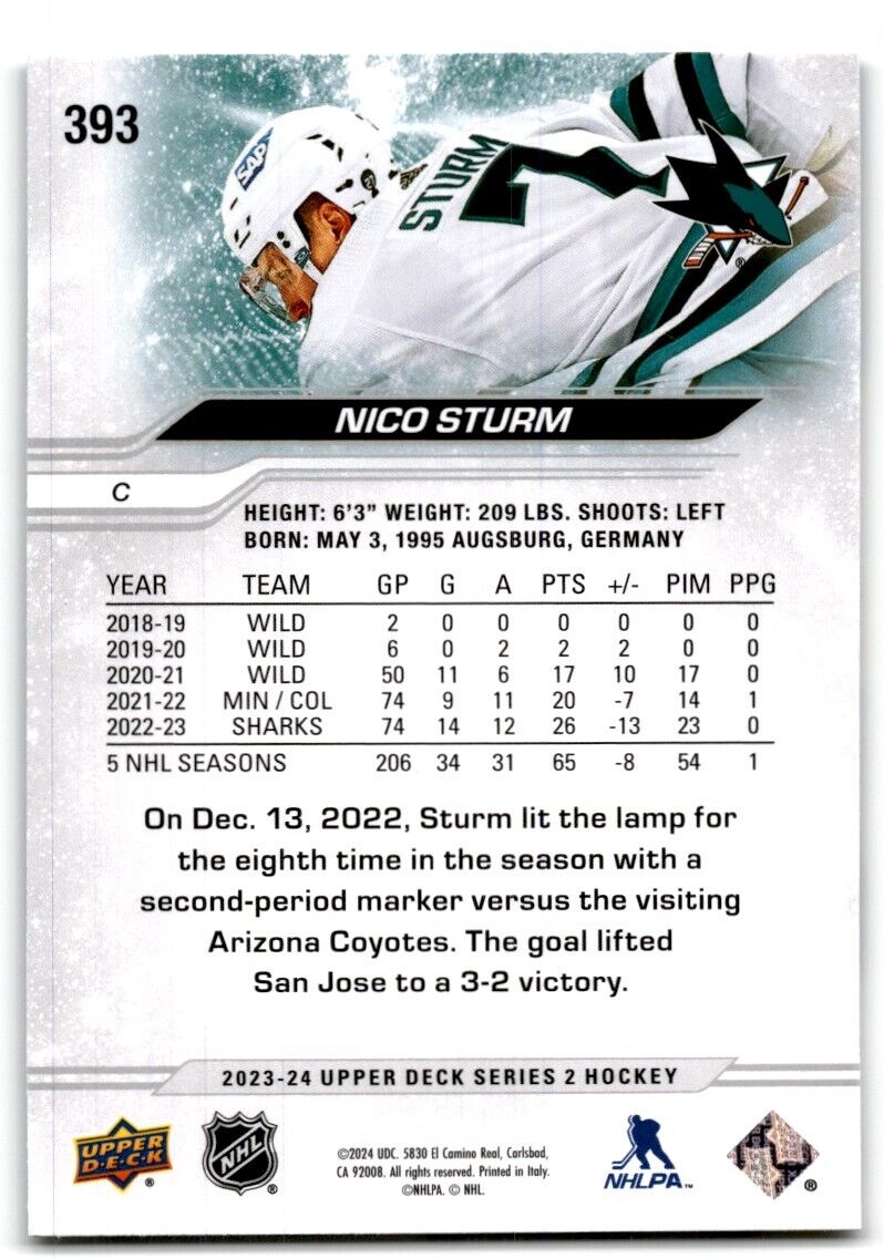 2023-24 Upper Deck Nico Sturm San Jose Sharks #393