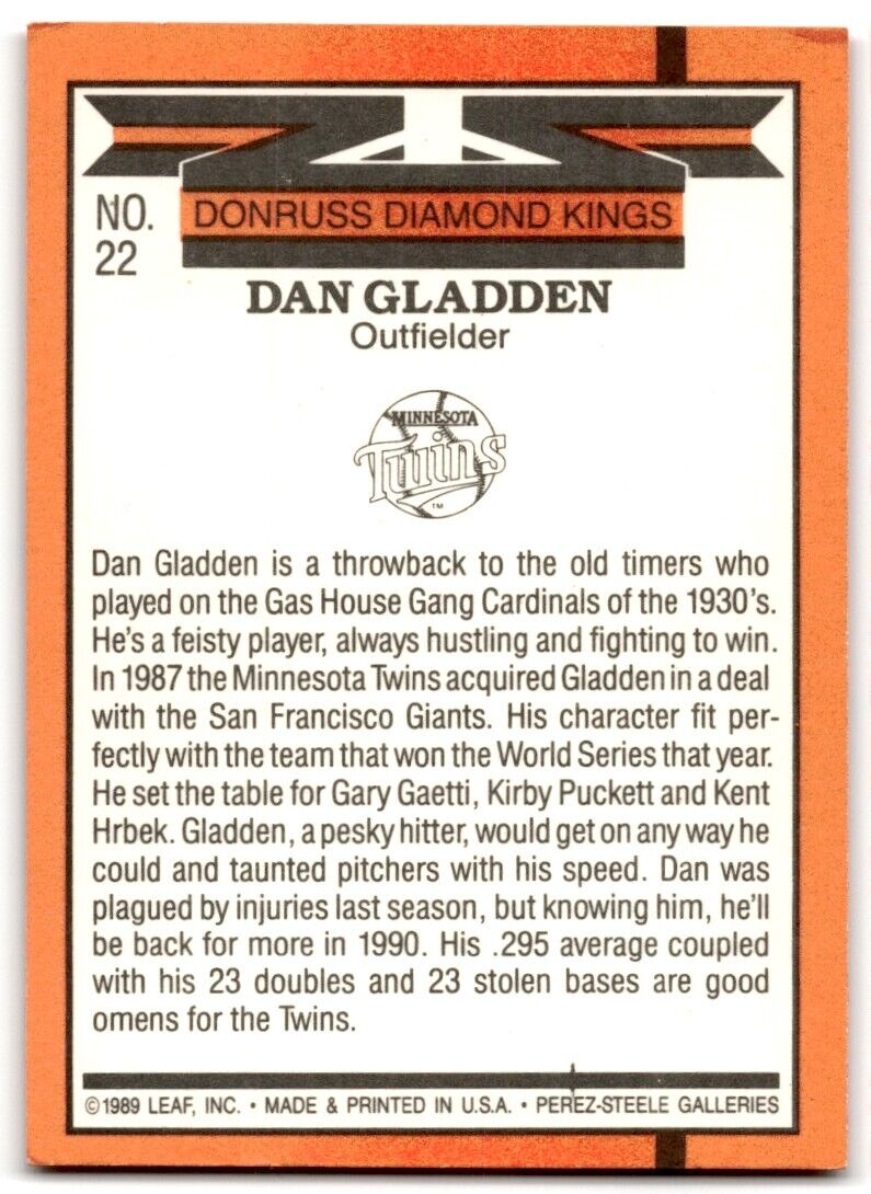 1990 Donruss Diamond Kings Dan Gladden Minnesota Twins #22