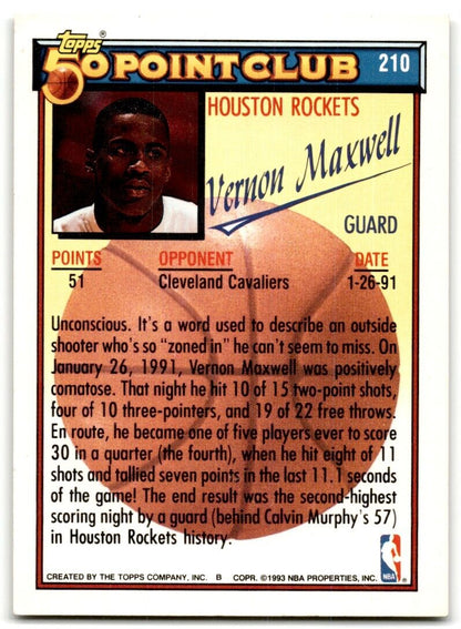 1992-93 Topps 50 points club Vernon Maxwell Houston Rockets #210