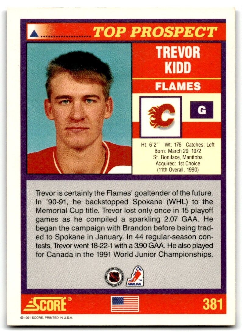 1991-92 Score American Trevor Kidd Calgary Flames #381