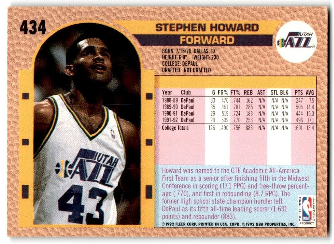 1992-93 Fleer Stephen Howard Rookie Utah Jazz #434