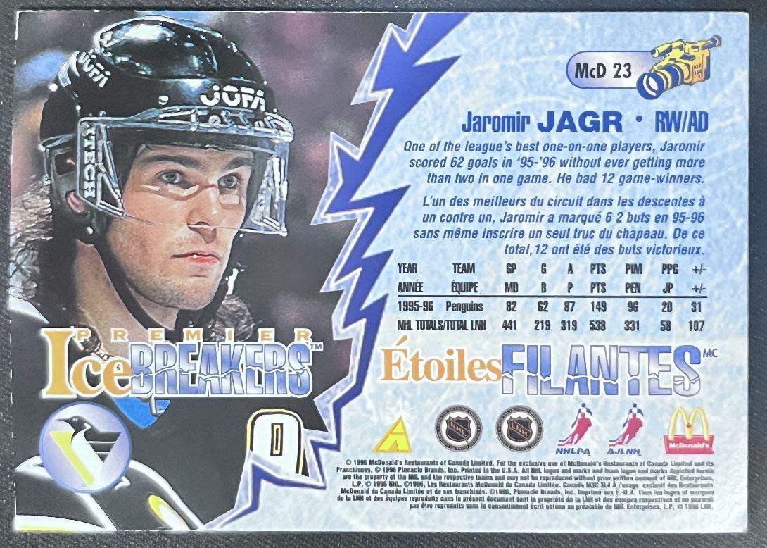 1996-97 Pinnacle McDonald's 3D Ice Breakers Jaromir Jagr Pittsburgh Penguins