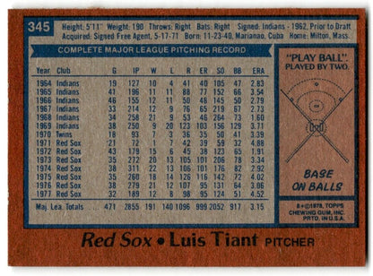 1978 Topps Luis Tiant Boston Red Sox #345