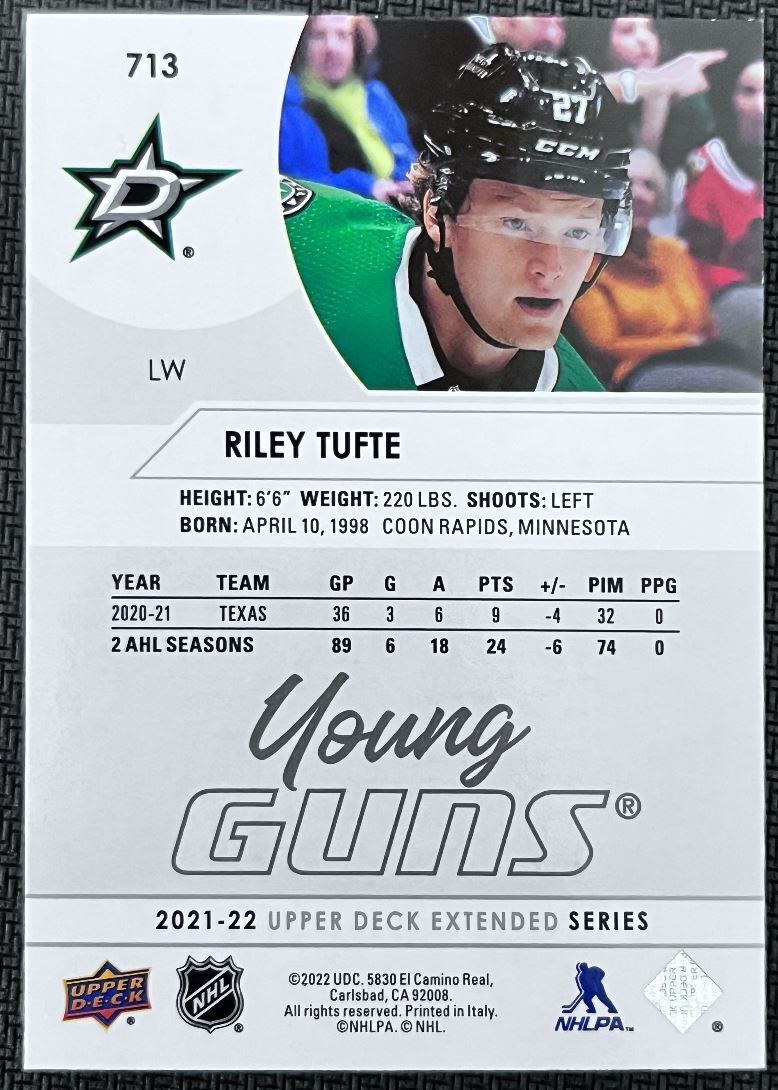 2021-22 Upper Deck Riley Tufte Rookie Dallas Stars #713