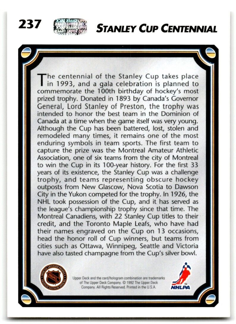 1992-93 Upper Deck Stanley Cup Centennial Montreal Amateur Athletic Association