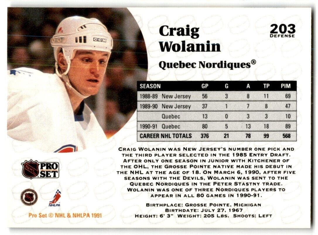 1991-92 Pro Set Craig Wolanin Quebec Nordiques #203