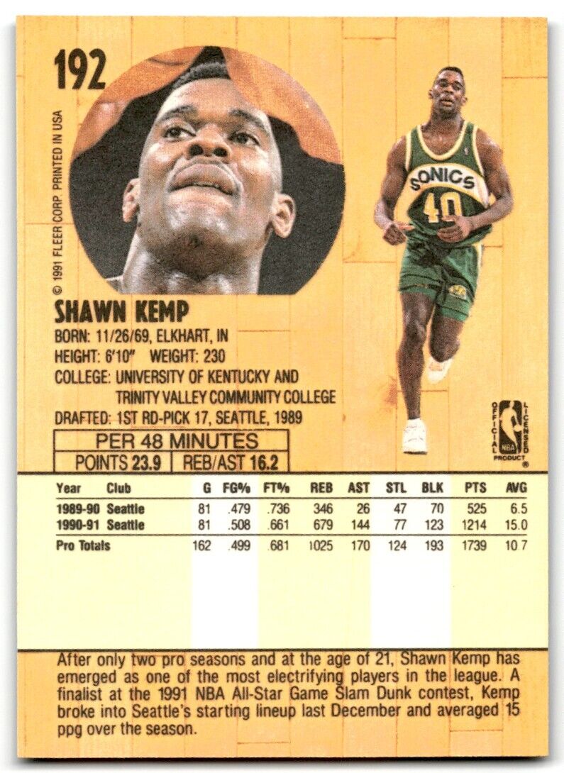 1991-92 Fleer Shawn Kemp Seattle SuperSonics #192