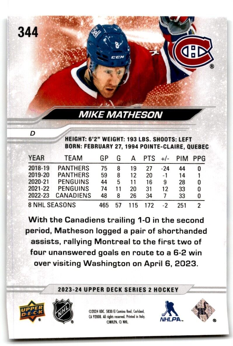 2023-24 Upper Deck Mike Matheson Montreal Canadiens #344