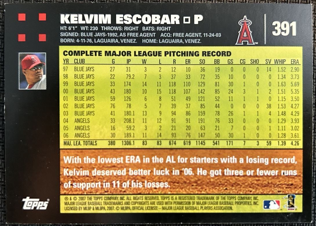 2007 Topps Kelvim Escobar Los Angeles Angels #391