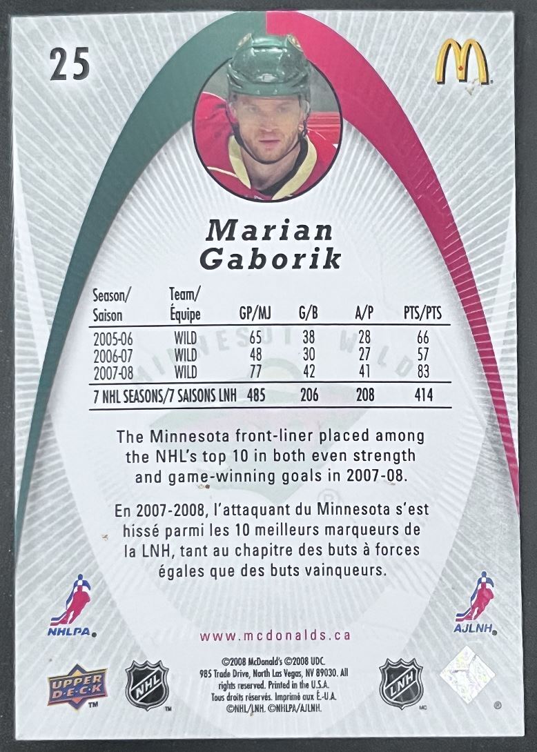 2008-09 McDonald's Upper Deck Marian Gaborik Minnesota Wild #25