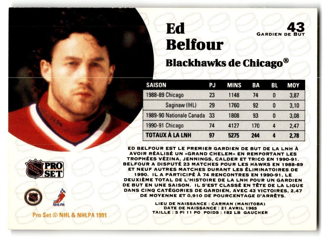 1991-92 Pro Set French Ed Belfour Chicago Blackhawks #43