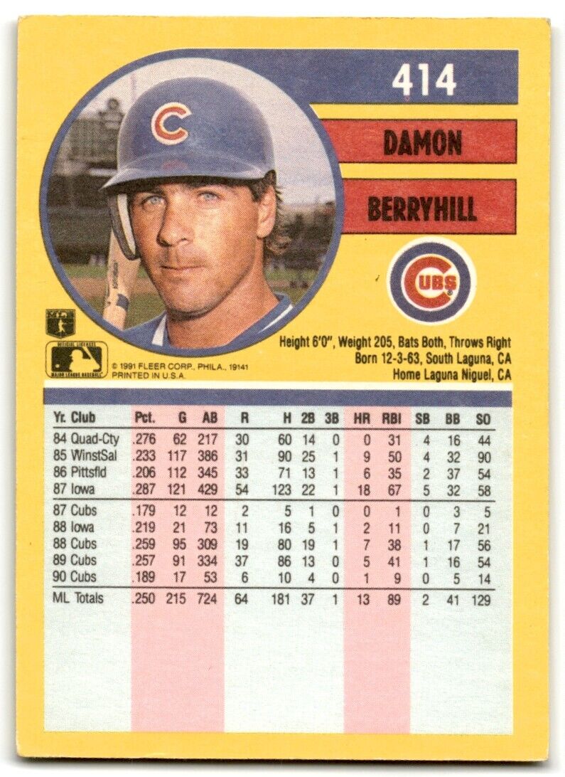 1991 Fleer Damon Berryhill Chicago Cubs #414