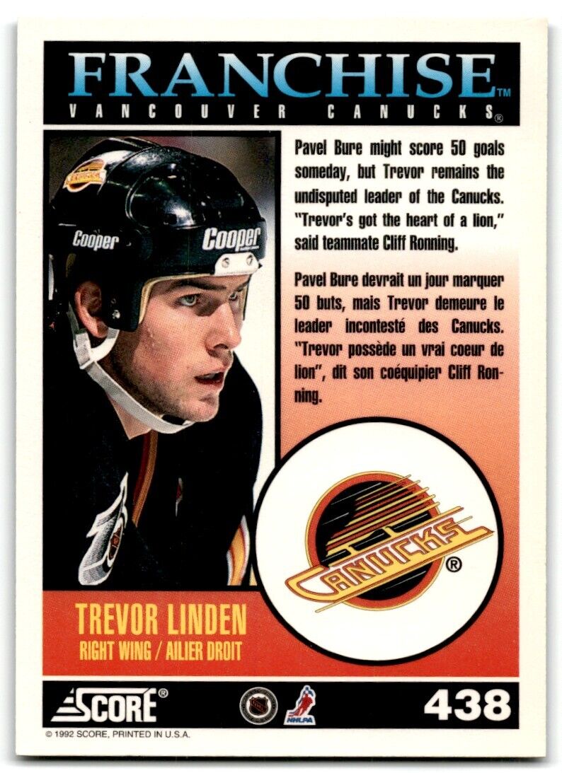 1992-93 Score Trevor Linden Vancouver Canucks #438