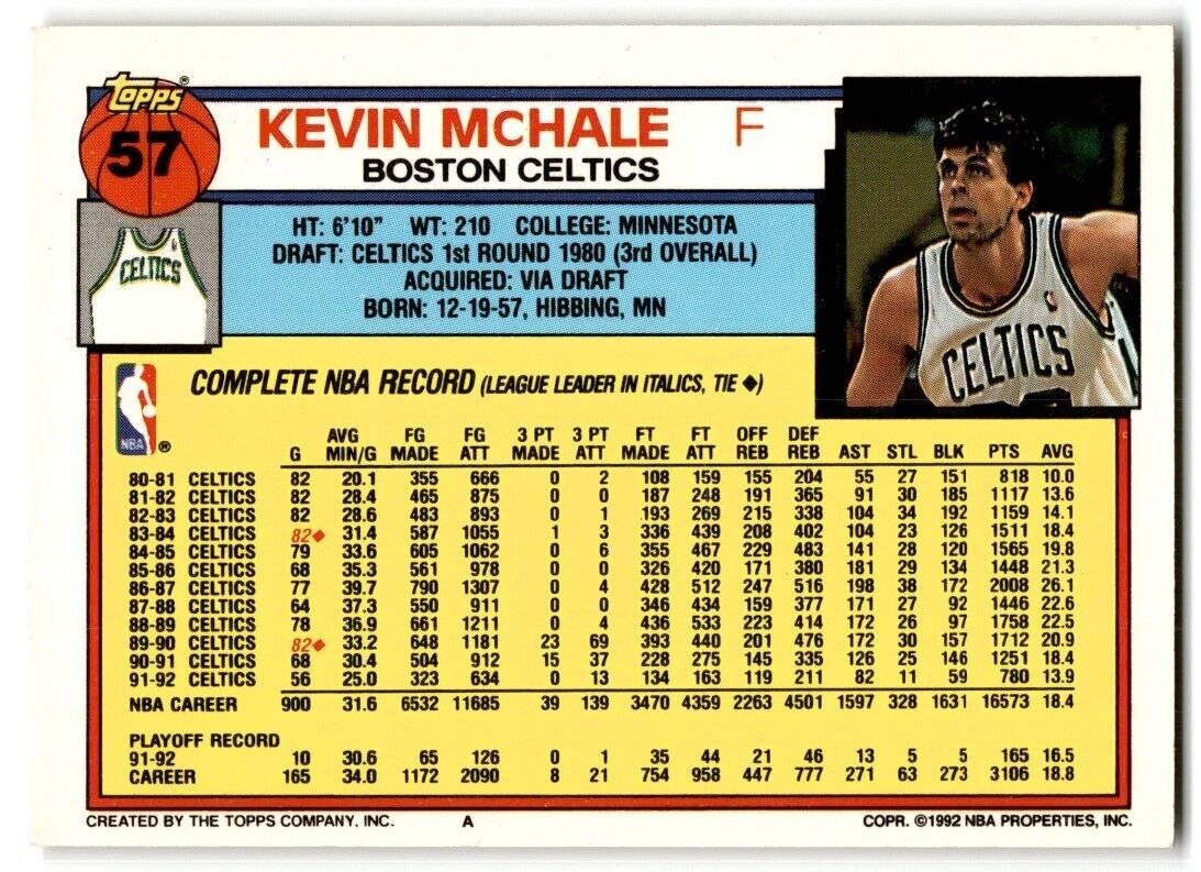 1992-93 Topps Kevin McHale Boston Celtics #57