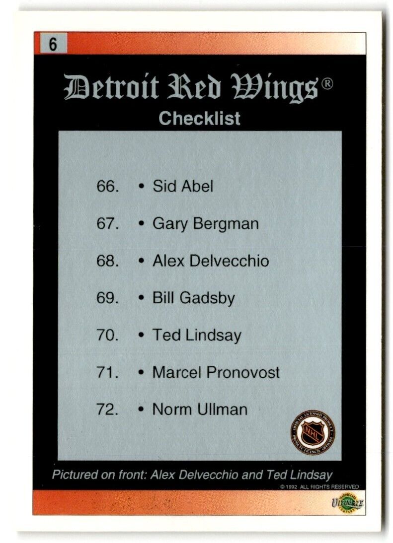 1991-92 Ultimate Original 6 Alex Delvecchio /Ted Lindsay Detroit Red Wings #6