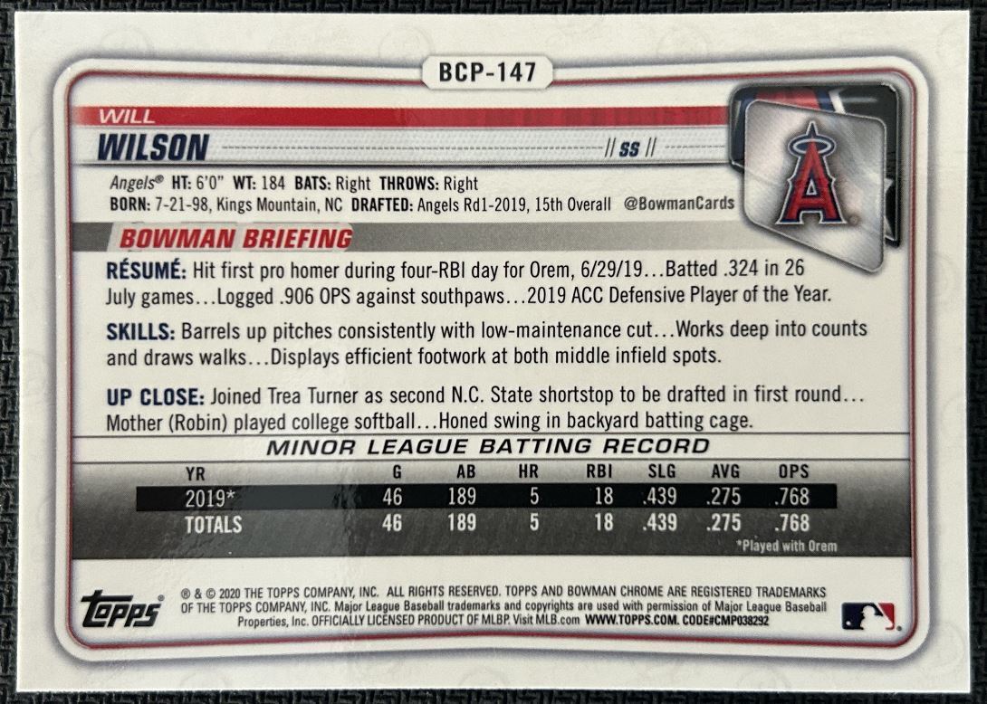 2020 Bowman Chrome Prospects Will Wilson Los Angeles Angels #BCP-147