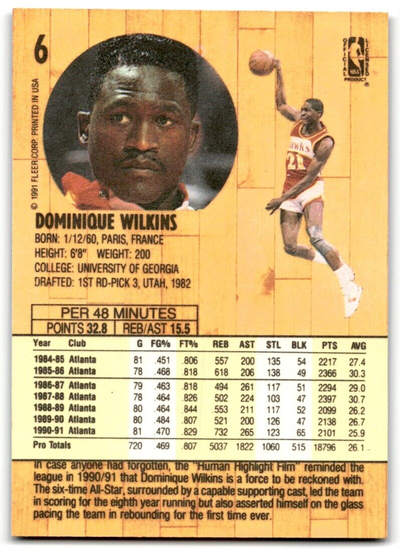 1991-92 Fleer Tony's Pizza Dominique Wilkins Atlanta Hawks #S-114