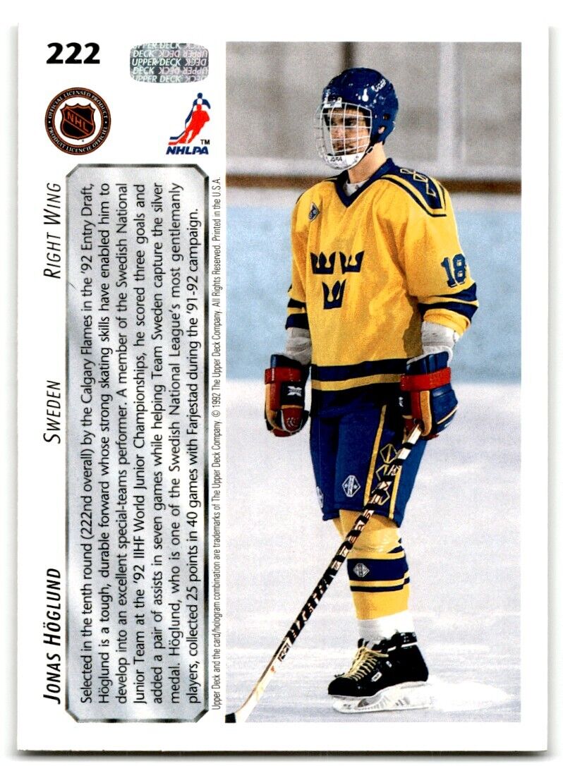 1992-93 Upper Deck Jonas Hoglund Rookie Sweden #222