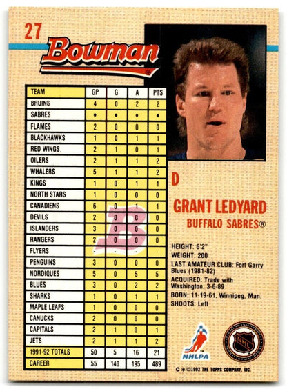 1992-93 Bowman Grant Ledyard Buffalo Sabres #27