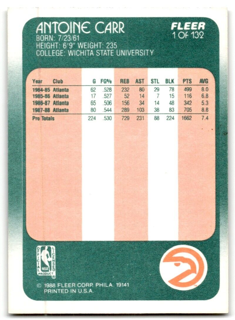 1988-89 Fleer Antoine Carr Rookie Atlanta Hawks #1