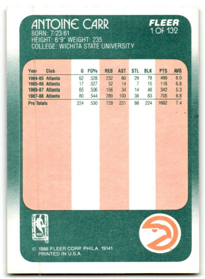 1988-89 Fleer Antoine Carr Rookie Atlanta Hawks #1