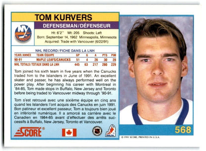 1991-92 Score Canadian Bilingual Tom Kurvers New York Islanders #568