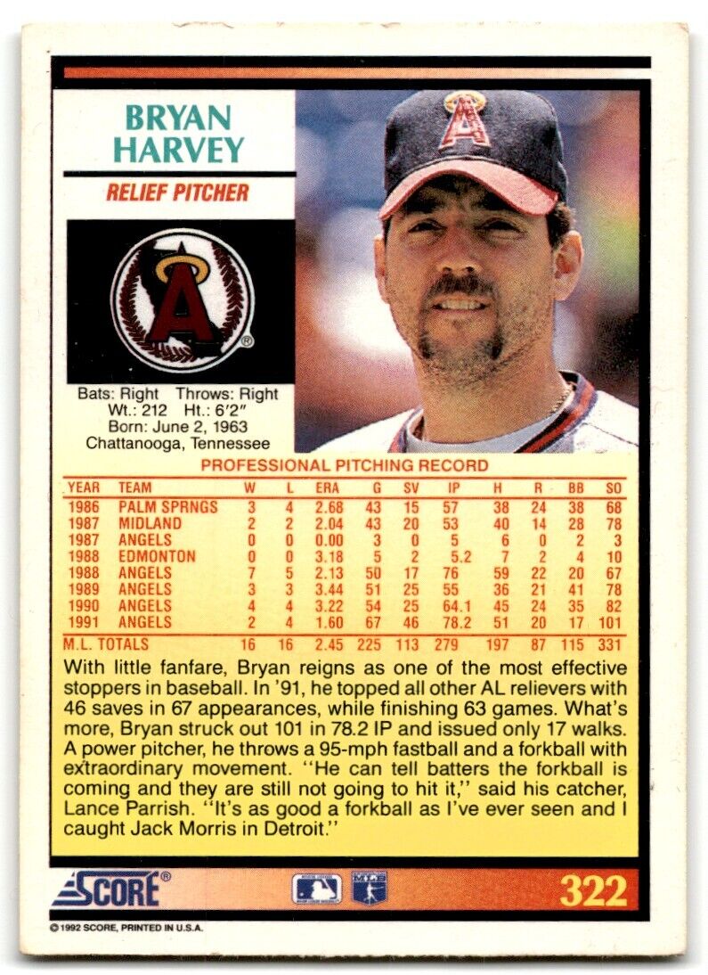 1992 Score Bryan Harvey California Angels #322