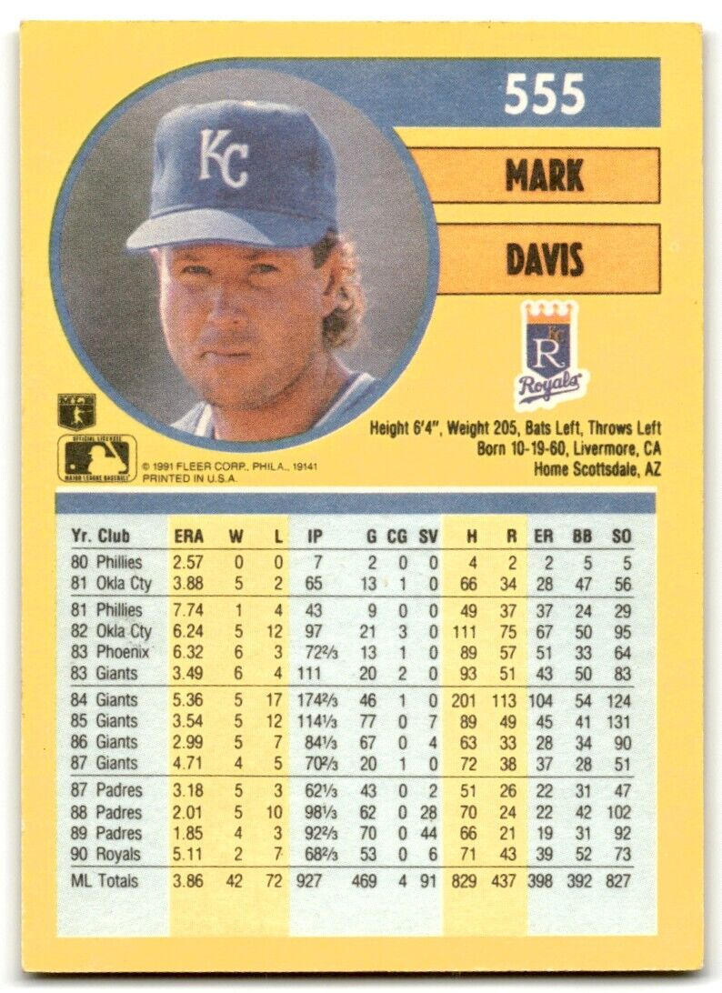 1991 Fleer Mark Davis Kansas City Royals #555