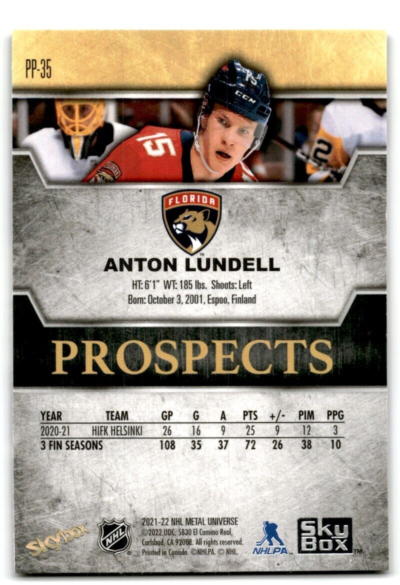 2021-22 Skybox Metal Universe Premium Prospects Anton Lundell Florida Panthers