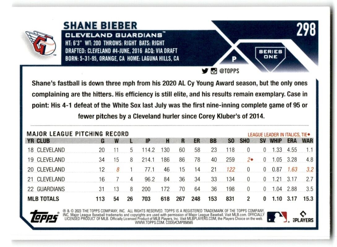 2023 Topps Shane Bieber Cleveland Guardians #298