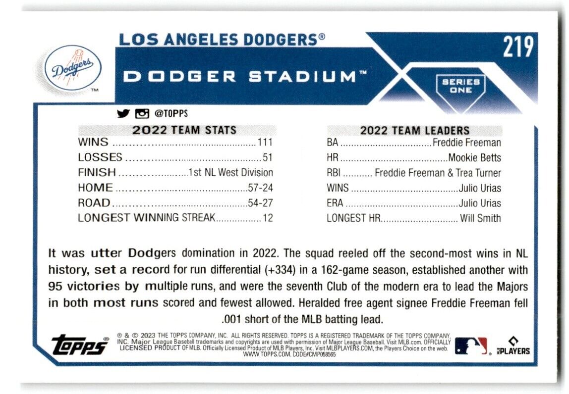 2023 Topps Los Angeles Dodgers Los Angeles Dodgers #219