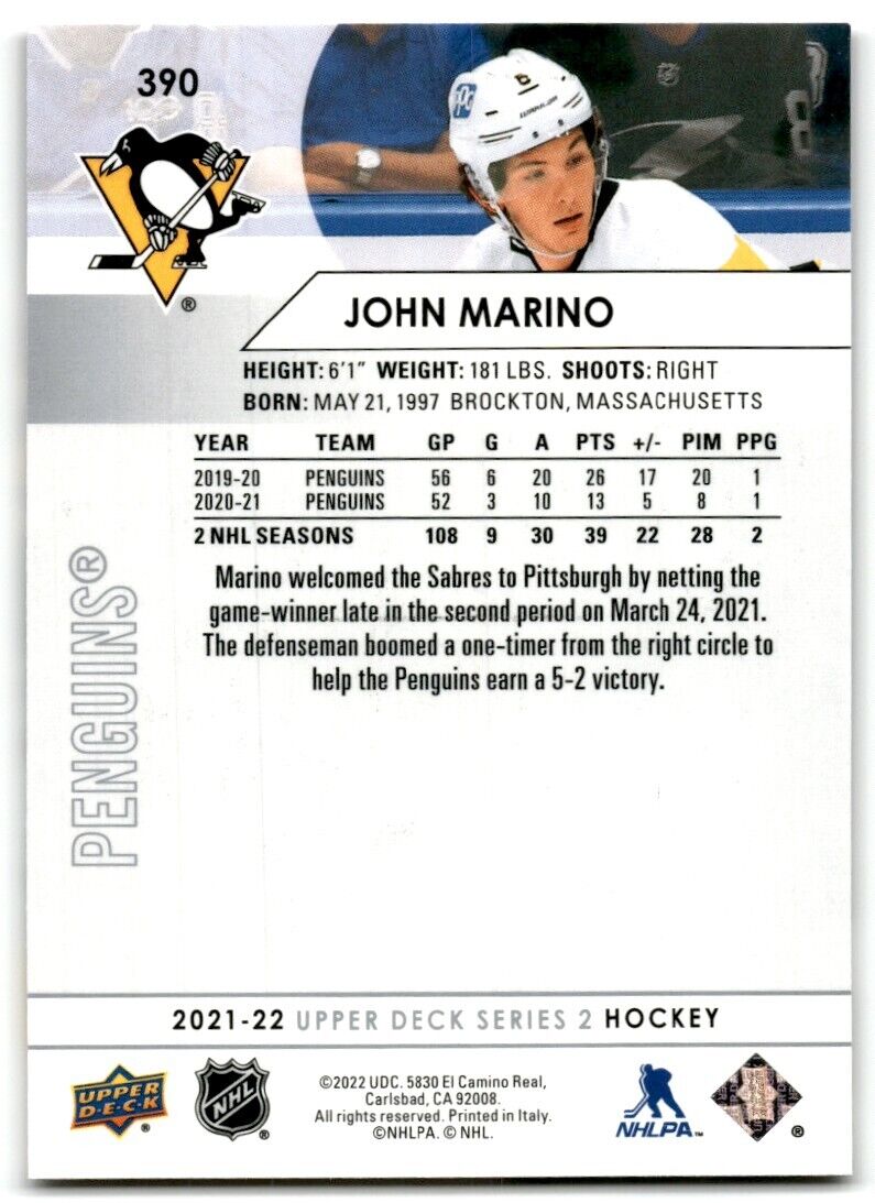 2021-22 Upper Deck John Marino Pittsburgh Penguins #390