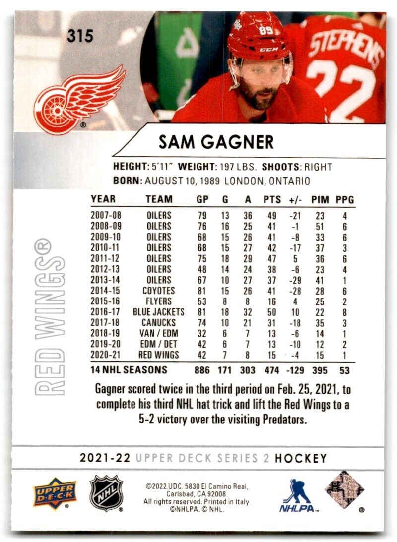 2021-22 Upper Deck Sam Gagner Detroit Red Wings #315