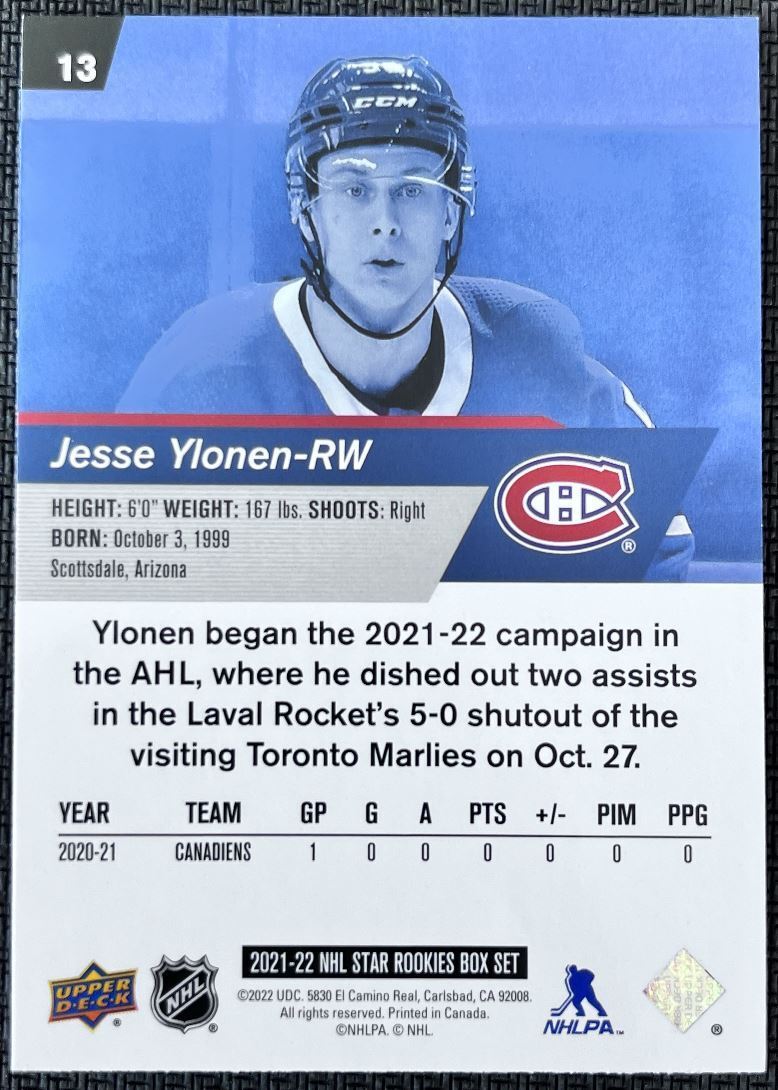 2021-22 Upper Deck NHL Star Rookie Jesse Ylonen Rookie Montreal Canadiens #13