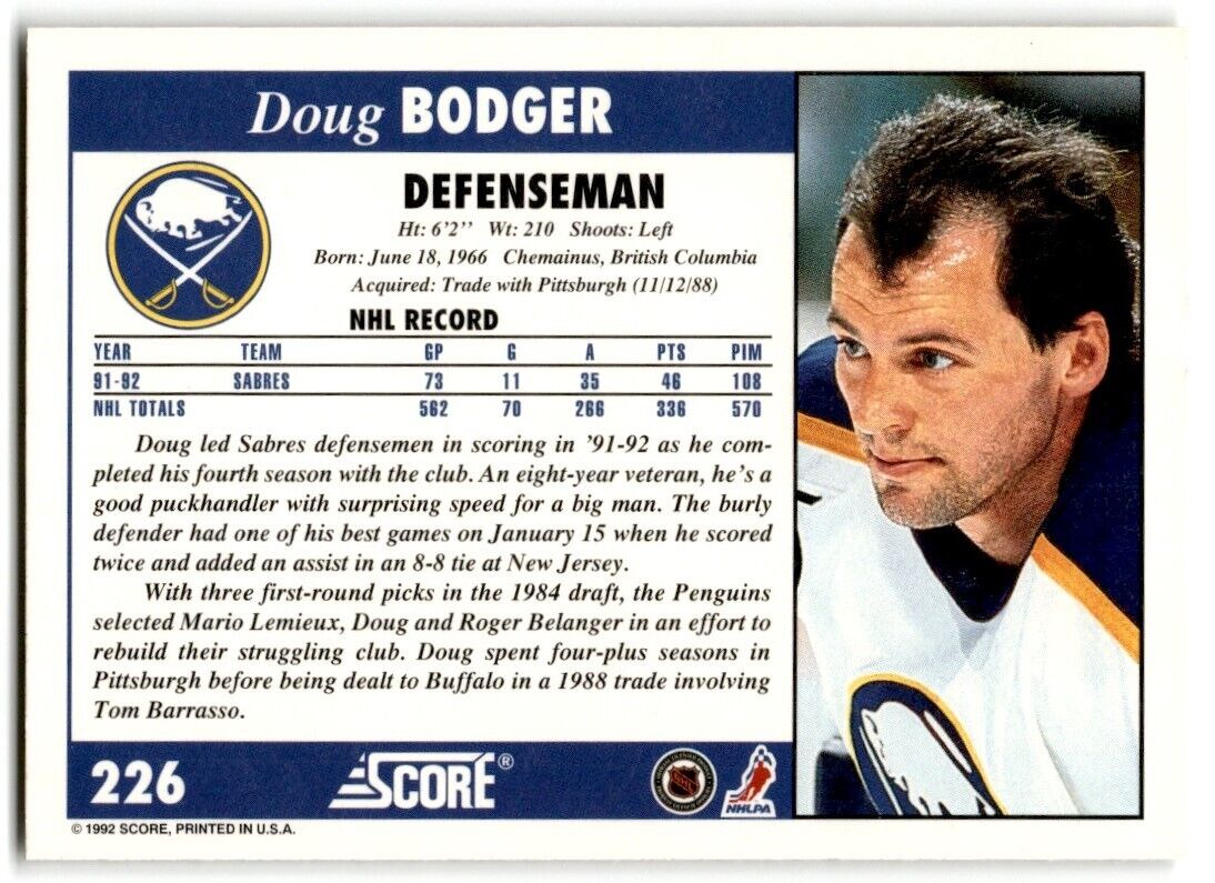 1992-93 Score Doug Bodger Buffalo Sabres #226