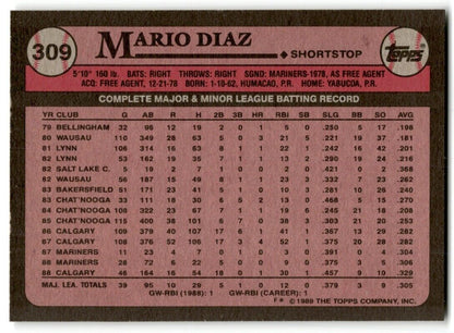 1989 Topps Mario Diaz Seattle Mariners #309