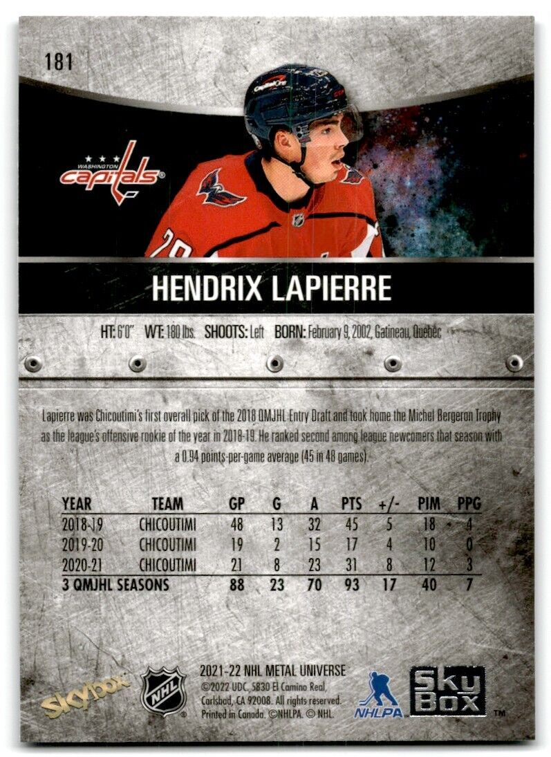 2021-22 Skybox Metal Universe Hendrix Lapierre Rookie Washington Capitals #181