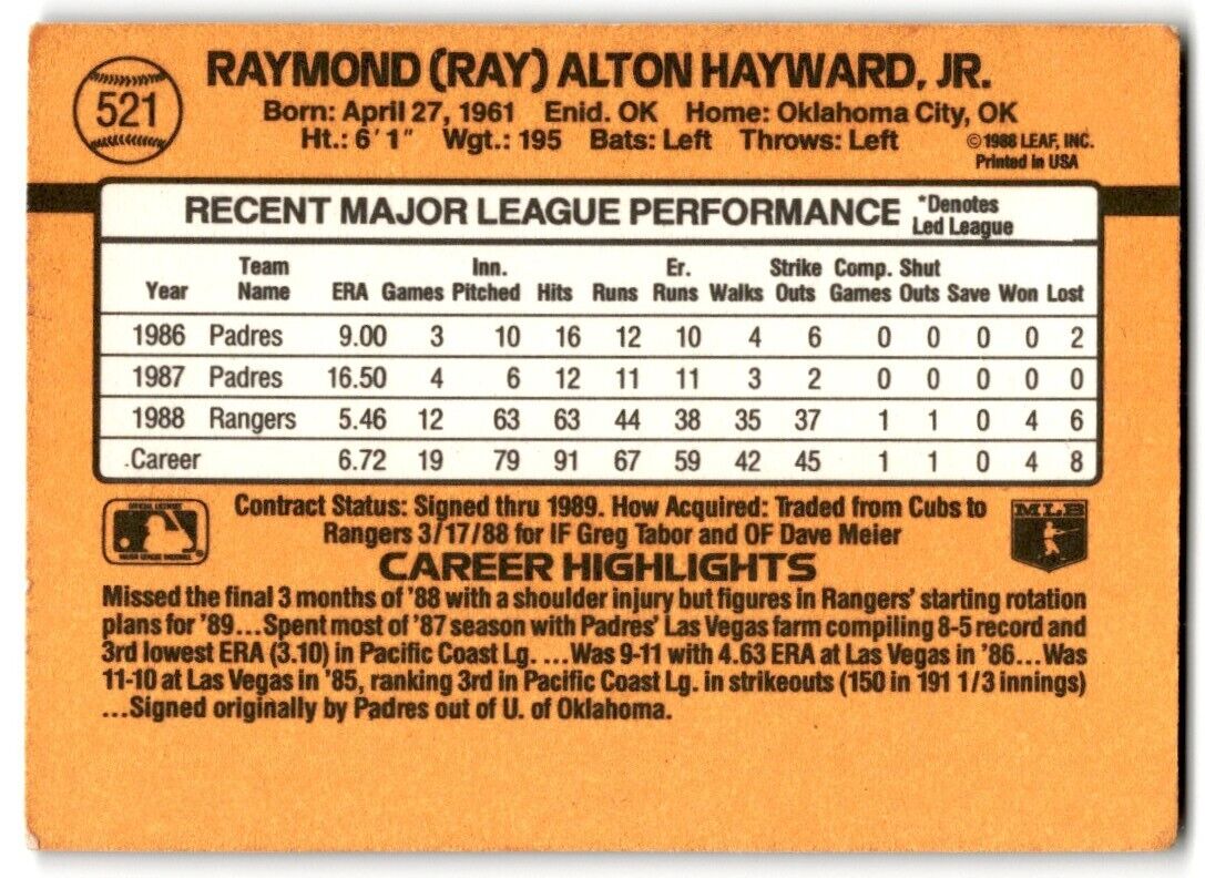 1989 Donruss Ray Hayward Texas Rangers #521