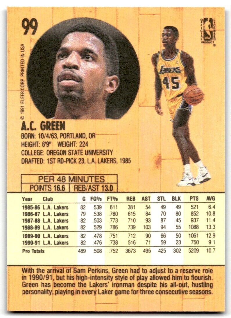 1991-92 Fleer A.C. Green Los Angeles Lakers #99