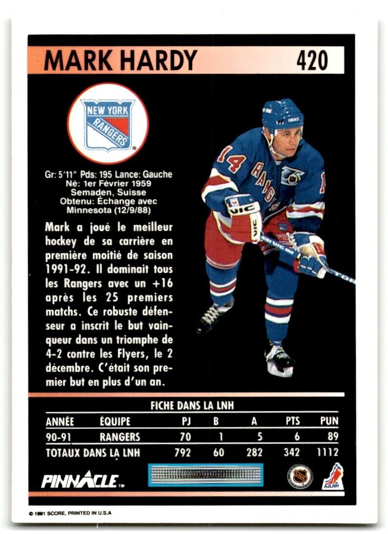 1991-92 Pinnacle Mark Hardy New York Rangers #420