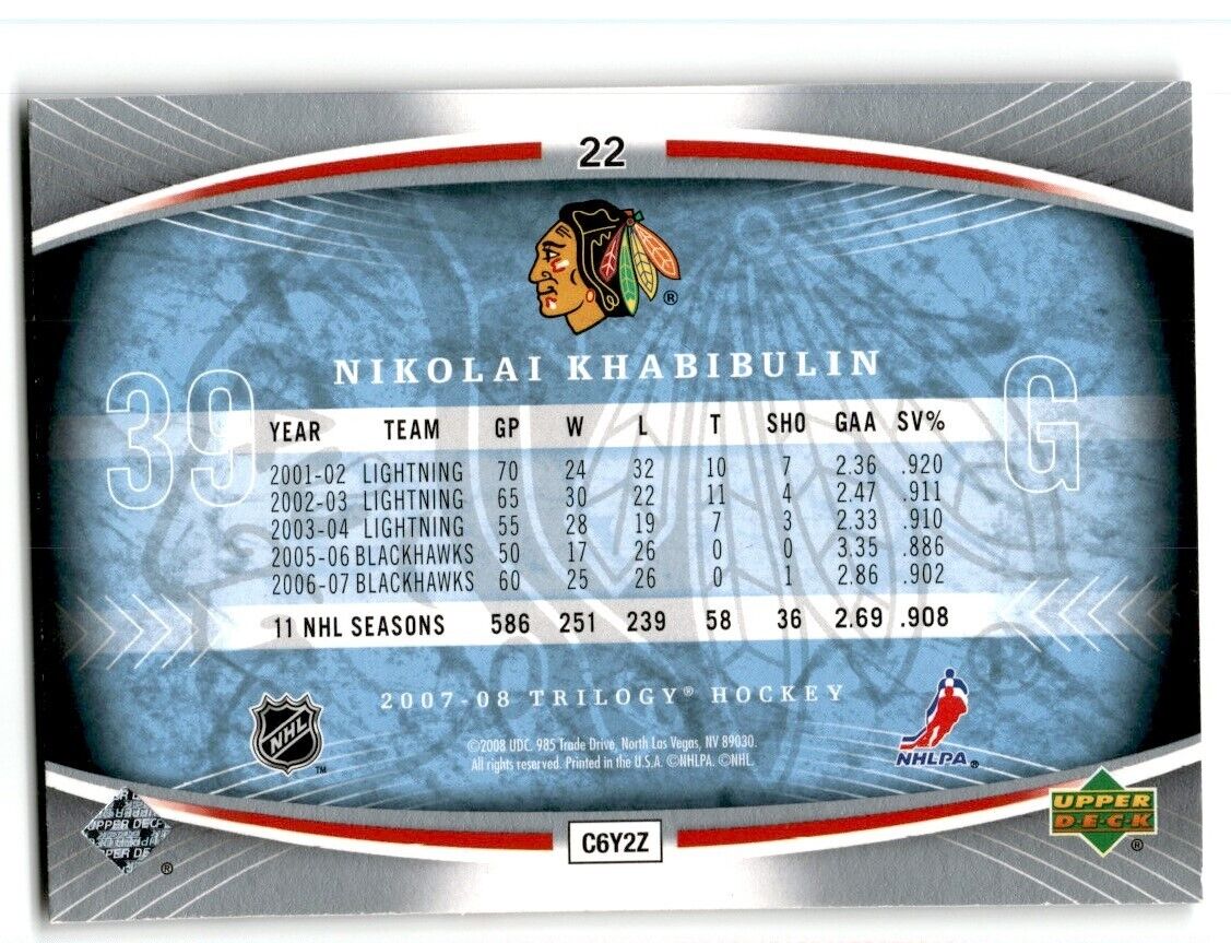 2007-08 Upper Deck Trilogy Nikolai Khabibulin Chicago Blackhawks #22