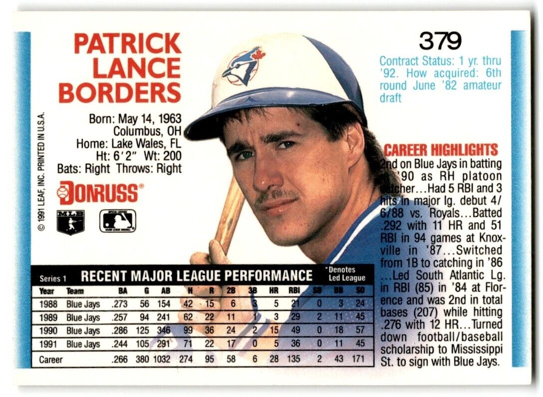 1992 Donruss Pat Borders Toronto Blue Jays #379