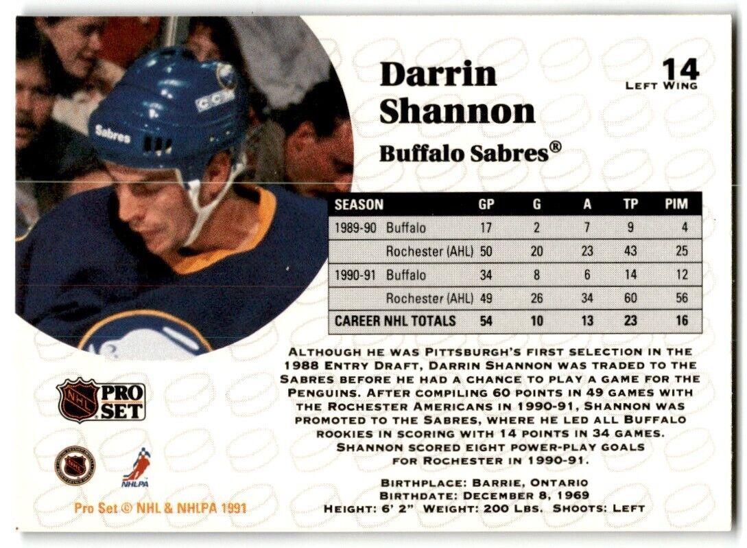 1991-92 Pro Set Darrin Shannon Buffalo Sabres #14