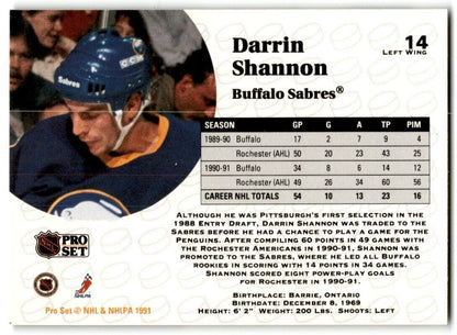 1991-92 Pro Set Darrin Shannon Buffalo Sabres #14