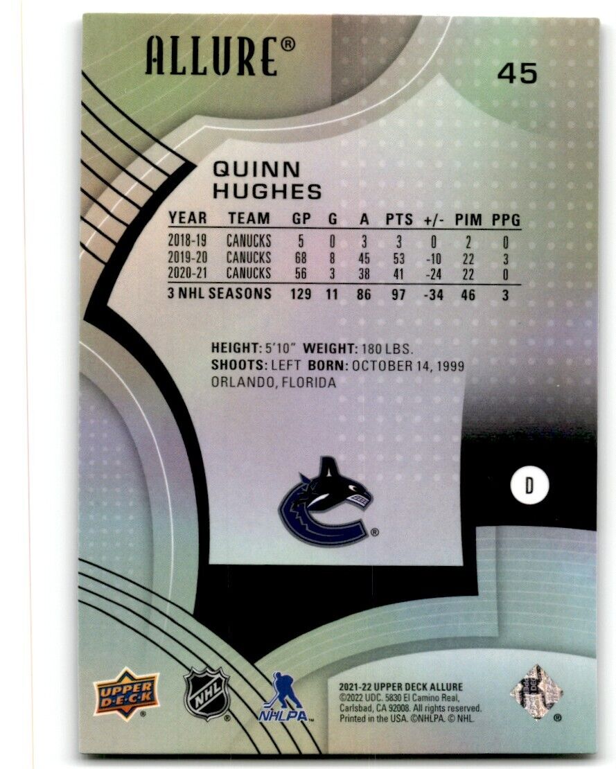 2021-22 Upper Deck Allure Quinn Hughes Vancouver Canucks #45